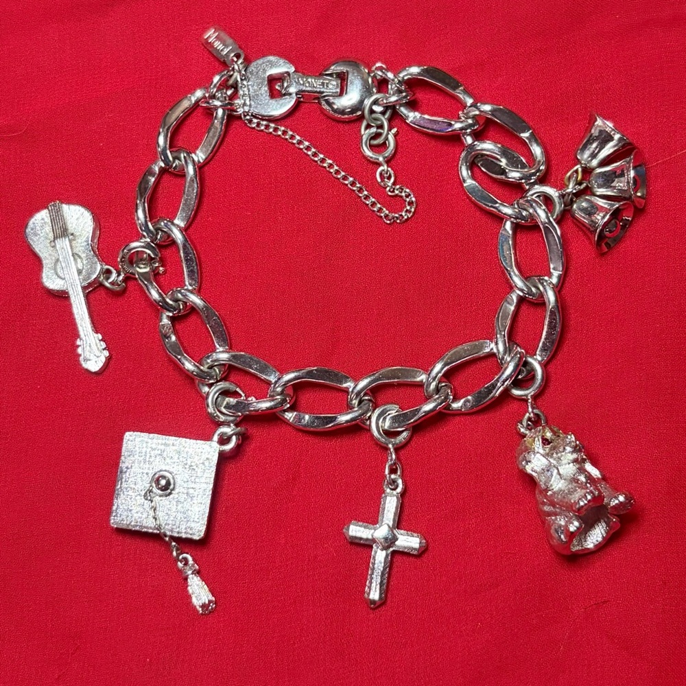 Vintage Monet Charm Bracelet w charms, silver tone